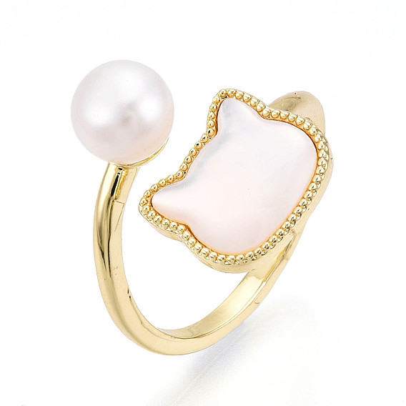 Регулируемые открытые манжеты из латуни и натурального жемчуга для женщин, с белой скорлупой, форма кошки