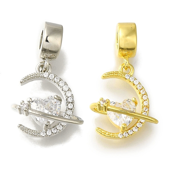 Стеллажное покрытие латунь проложить прозрачный кубический цирконий европейские подвески с подвесками, Подвески в виде луны и сердца с большими отверстиями, без свинца и без кадмия, долговечный