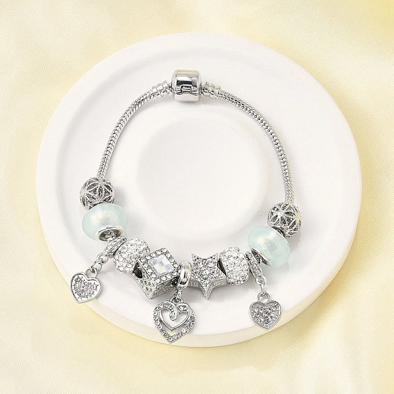 Сплав европейские бусины браслеты с подвесками, браслеты из змеиной цепи для женщин, сердце, со смолой и полимерной глины горный хрусталь, без свинца и без кадмия