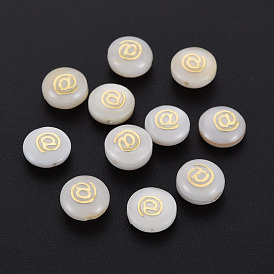 Natural Freshwater Shell Beads, with Plated Brass Metal Embellishments, Flat Round with Mark @