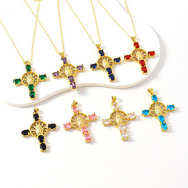 18K Gold Plated Virgin Mary Pendant Necklace with Cross and Zirconia Stones