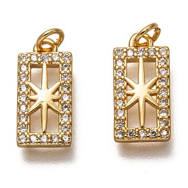Latón micro pavimenta claro cubic zirconia encantos, larga duración plateado, con anillos de salto, rectángulo con la estrella