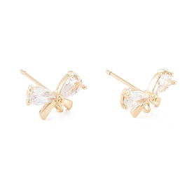 Brass Micro Pave Clear Cubic Zirconia Stud Earring Findings, with 925 Sterling Silver Pin, with Loop, Butterfly