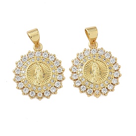 Латунные микро проложить кубического циркония подвески, плоские круглые с Девой Марией, стойки покрытие, долговечный, без кадмия и без свинца