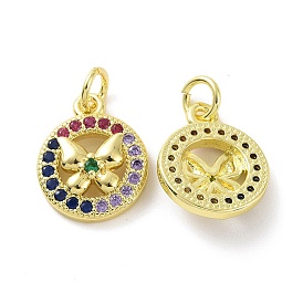 Brass Micro Pave Colorful Cubic Zirconia Charms, with Jump Ring, Flat Round with Butterfly