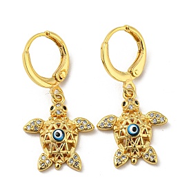 Real 18K Gold Plated Brass Dangle Leverback Earrings, with Enamel and Cubic Zirconia, Turtle with Evil Eye