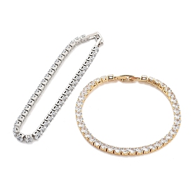 Brass Pave Clear Cubic Zirconia Flat Round Link Bracelets, Nickle Free, Long-Lasting Plated