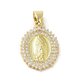 Rack Plating Brass Micro Pave Cubic Zirconia Pendants, Oval with Virgin Mary, Long-Lasting Plated, Cadmium Free & Lead Free, with Jump Ring
