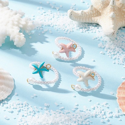 3шт 3 цвета синтетические бирюзовые манжеты кольца, морская звезда, абс пластиковые жемчужные бисера, женское кольцо из латунной проволоки