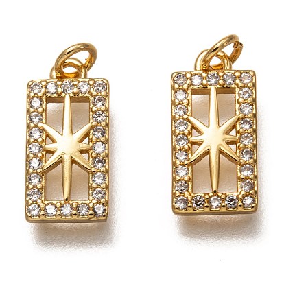 Latón micro pavimenta claro cubic zirconia encantos, larga duración plateado, con anillos de salto, rectángulo con la estrella