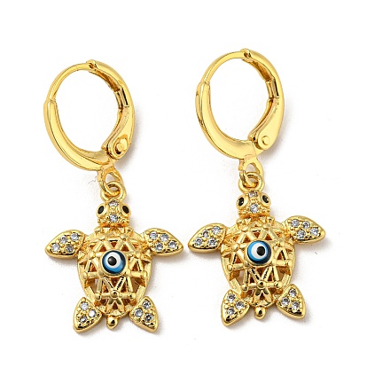 Real 18K Gold Plated Brass Dangle Leverback Earrings, with Enamel and Cubic Zirconia, Turtle with Evil Eye