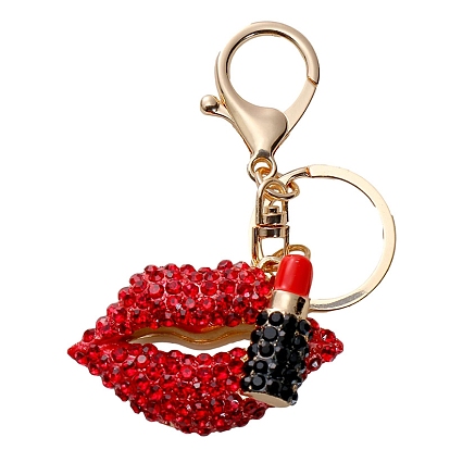 Rhinestone Lip with Lipstick Keychains, with Enamel, KC Gold Plated Alloy Charm Keychain