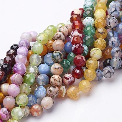 Natural Fire Crackle Agate Beads Strands, Dyed, Faceted, Round, Mixed Color