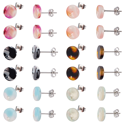 36Pcs 6 Colors Flat Round Cellulose Acetate(Resin) Stud Earring Findings, with Ear Nuts/Earring Backs