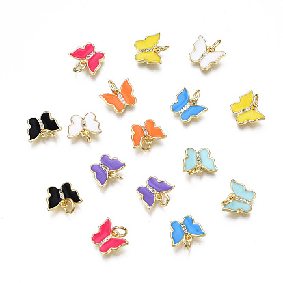 Brass Micro Pave Cubic Zirconia Charms, with Enamel and Jump Ring, Nickel Free, Butterfly, Real 16K Gold Plated