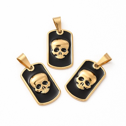 Ion Plating(IP) 304 Stainless Steel Enamel Pendants, with 201 Stainless Steel Clasp, Rectangle with Skull