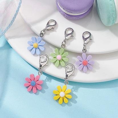 Opaque Resin Daisy Flower Pendant Decorations, with Zinc Alloy Lobster Claw Clasps