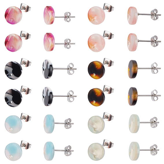36Pcs 6 Colors Flat Round Cellulose Acetate(Resin) Stud Earring Findings, with Ear Nuts/Earring Backs