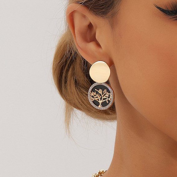 Серьги-гвоздики из сплава и хрустальных стразов, с акриловой, плоские круглые с дерева жизни картины