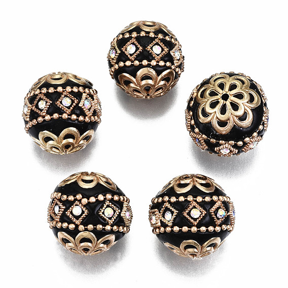 Handmade Indonesia Beads, with Crystal AB Rhinestone and Brass Findings, Round, Golden