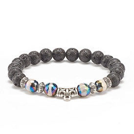 Natural Lava Rock & Tibetan Agate Stretch Bracelet with Alloy Tube Beaded, Essential Oil Gemstone Jewelry for Women