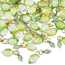 60Pcs Lemon Glass Pendants, with 304 Stainless Steel Jump Rings, Golden