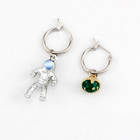 Unique Asymmetric Astronaut Earrings - Stainless Steel Open Hoop Dangles