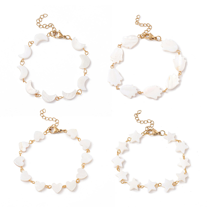 Natural Shell Link Chain Bracelet, 304 Stainless Steel Jewelry for Women, Mixed Shape, Golden