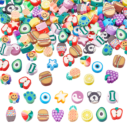 225Pcs 15 Styles Handmade Polymer Clay Beads, with Fruit Theme, Animal, Flower, Star, Food