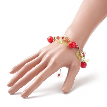 Teacher's Day Theme Resin Apple Charm Bracelets with Acrylic Leaf & Plastic Flower, 304 Stainless Steel & Glass Bead Link Chain Bracelet with Lobster Claw Clasp & Chain Extenders for Women