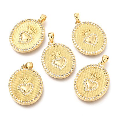 Brass Micro Pave Clear Cubic Zirconia Pendants, with Jump Rings, Flat Round with Radlish