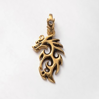 Trendy Vintage 304 Stainless Steel Rhinestone Pendants, Dragon, 41x23x3.5mm, Hole: 12x7mm