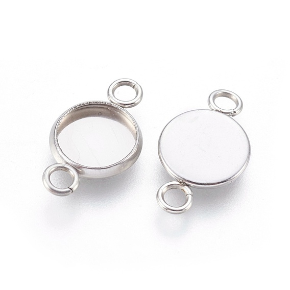 202 Stainless Steel Cabochon Connector Settings, Plain Edge Bezel Cups, with 304 Stainless Steel Loops, Flat Round