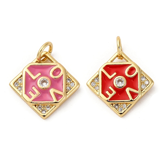 Подвески из латуни с микропаве из кубических цирконий и эмали, ромб со словом любовь, стойки покрытие, без свинца и без кадмия, долговечный, с целью перехода в кольце, реальный 18 k позолоченный