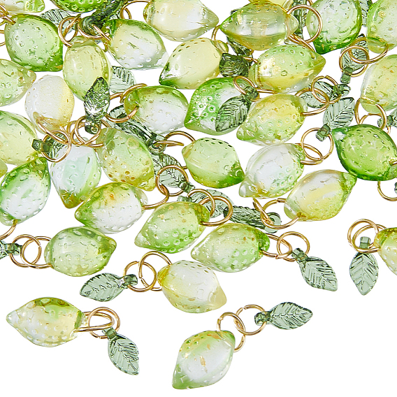 60Pcs Lemon Glass Pendants, with 304 Stainless Steel Jump Rings, Golden