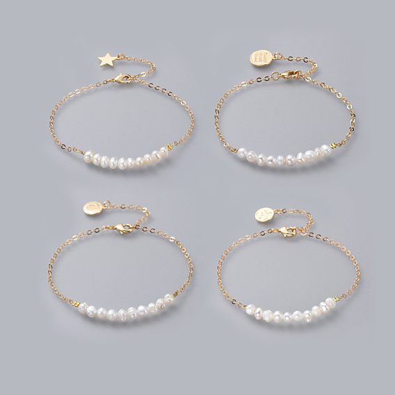 Beaded Bracelets, with Natural Pearl and Brass Cable Chains