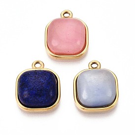 Квадратные подвески из натурального камня, 201 прелести нержавеющей стали, реальный 18 k позолоченный, ионное покрытие (ip)