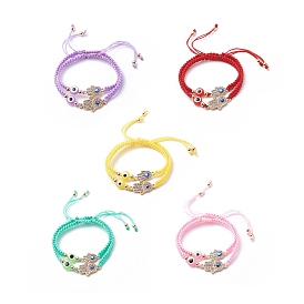 Cordon de fil de nylon réglable ensemble de bracelets de perles tressées doubles, avec des perles de résine mauvais œil et des perles de main hamsa en alliage strass