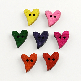 2 отверстия окрашенные деревянные кнопки, сердце, разноцветные, 18x16x4 мм, отверстие : 2 мм