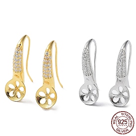 925 argent sterling avec crochets de boucles d'oreilles en zircone cubique transparente, pour perles semi-percées, plat rond