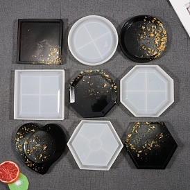 Flat Round/Polygon/Hexagon/Flower/Square Cup Mat Silicone Molds, Resin Casting Coaster Molds, For UV Resin, Epoxy Resin Craft Making