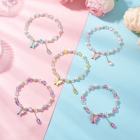 5Pcs Frosted Dyed Synthetic Moonstone & Shell Pearl Round Beads Stretch Bracelets, Alloy Acrylic Butterfly Charm Bracelets for Women