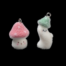 Flocking Opaque Resin Pendants, Mushroom Charms, with Platinum Iron Eye Pin