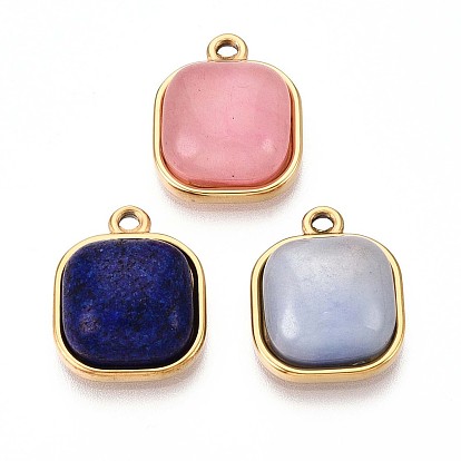 Квадратные подвески из натурального камня, 201 прелести нержавеющей стали, реальный 18 k позолоченный, ионное покрытие (ip)