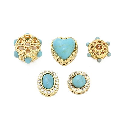 Окрашенные синтетические бирюзовые бусины, с полыми латунными оправами, золотые