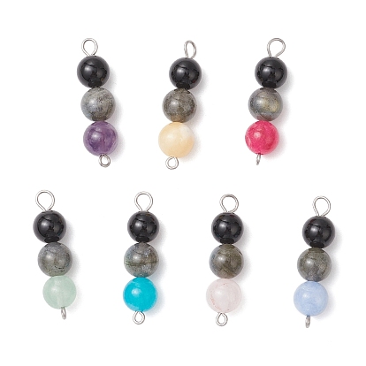 Подвески-шармы с круглыми бусинами-соединителями из окрашенного натурального малайзийского нефрита, черного оникса (окрашенного и нагретого), аметиста, лабрадорита и розового кварца, с 304 двойными петлями из нержавеющей стали, разноцветные