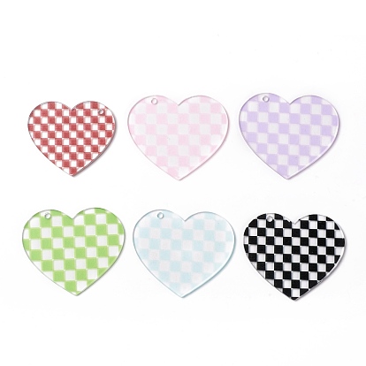Transparent Acrylic Disc Pendants, Heart with Tartan Pattern