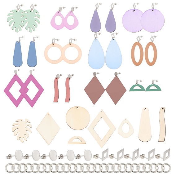 Наборы для изготовления серьги-гвоздики своими руками, с 304 серьгами из нержавеющей стали, подвески из необработанного натурального дерева, разнообразные