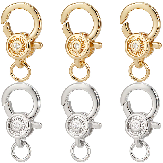 6 шт. 2 цвета латунь микропаве кубический цирконий застежки-лобстеры, с прыжковых колец, долговечный, плоско-круглые