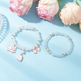 2шт 2 стили стеклянные круглые бусины растягивающиеся браслеты, браслеты с подвесками из сплава и эмали для детей, единорог, бант и сердце